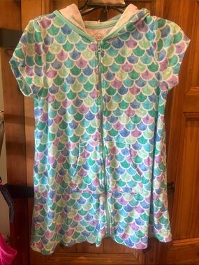 Girls' Mermaid Scale Zip Hooded Pajama Dress in Aqua, Lavender & White